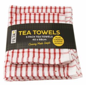 FILTA Cotton Tea Towels X 5 (40Cm X 68Cm) + 2 Dish Cloths (30Cm X 30Cm) Red 7Pk (30068)