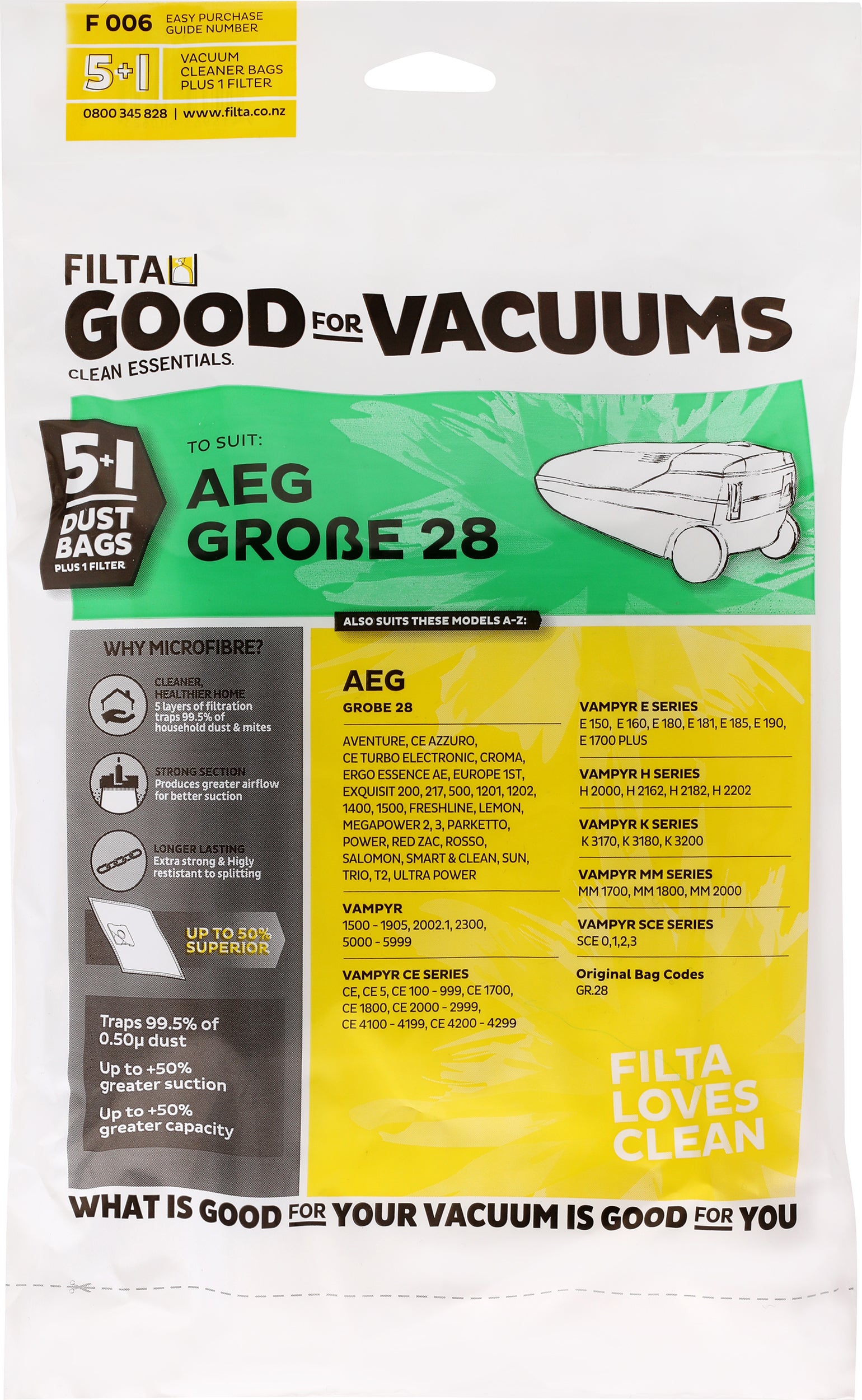 FILTA Aeg Grobe 28 Sms Multi Layered Vacuum Cleaner Bags 5 Pack (F006) (60062)