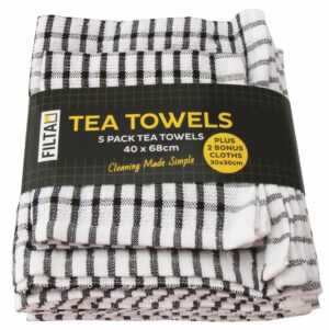 FILTA Cotton Tea Towels X 5 (40Cm X 68Cm) + 2 Dish Cloths (30Cm X 30Cm) Black 7Pk (31008)