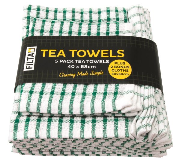 FILTA Cotton Tea Towels X 5 (40Cm X 68Cm) + 2 Dish Cloths (30Cm X 30Cm) Green 7Pk (31009)
