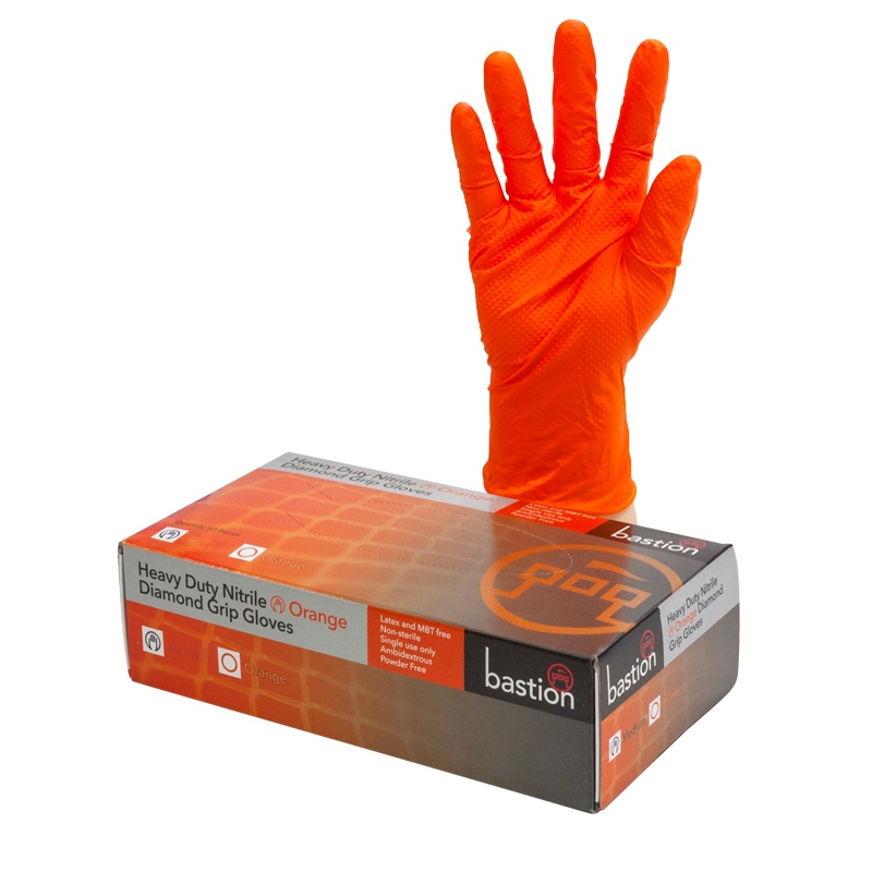 Bastion Nitrile Heavy Duty Diamond Grip Disposable Gloves Orange - Carton of 500